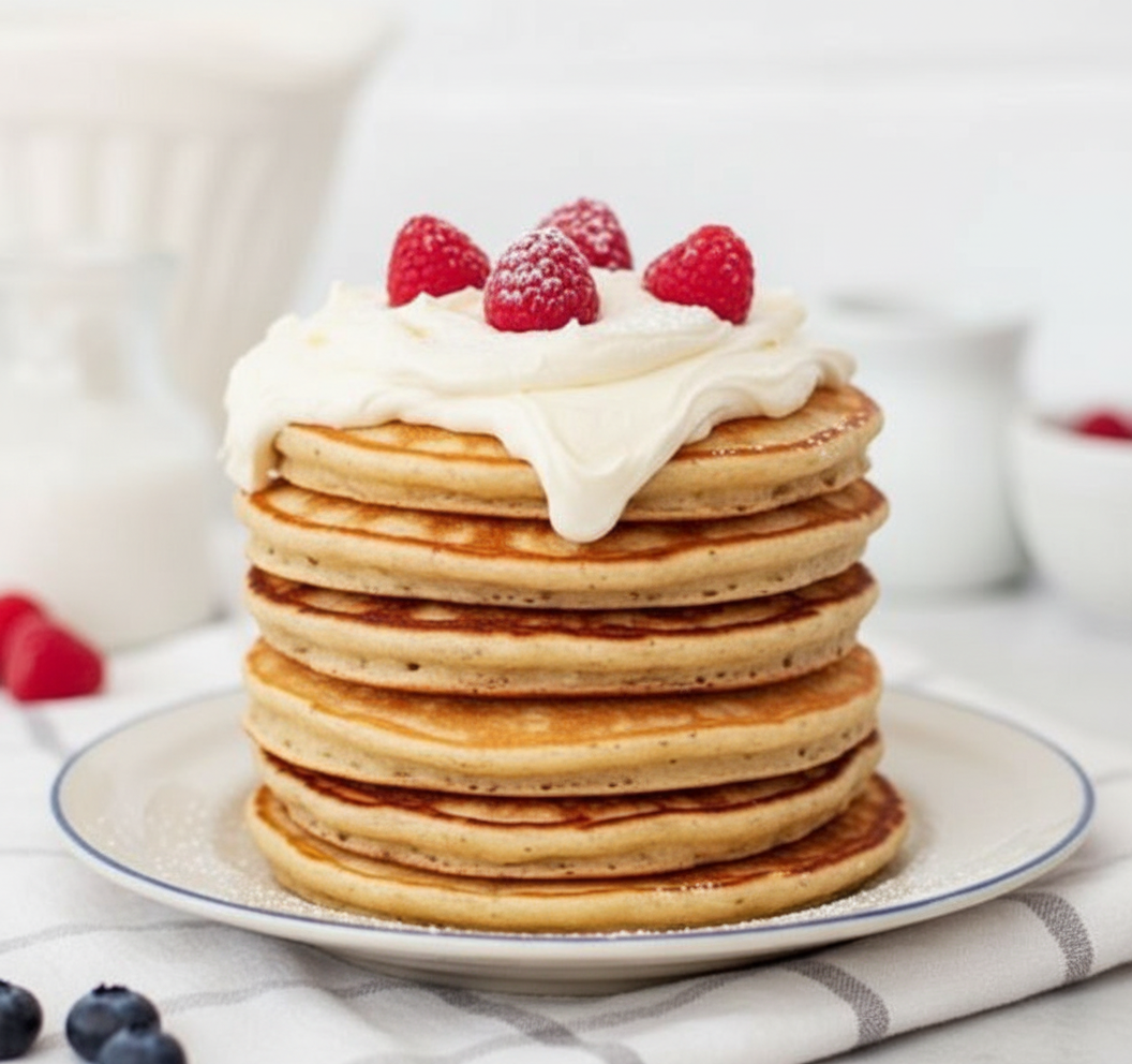 Fluffy pancakes with cream cheese frosting